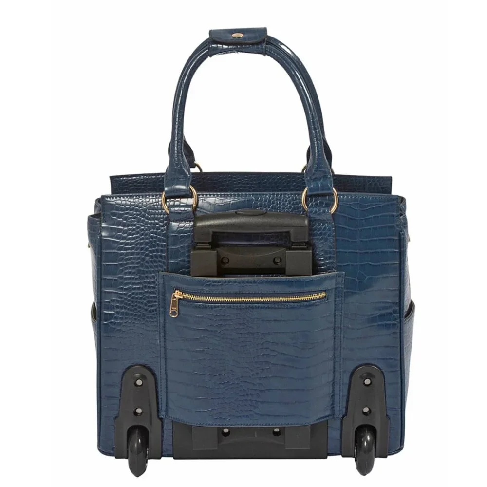 THE RIVIERA Blue Alligator Rolling Laptop Bag, Rolling Briefcase for Women